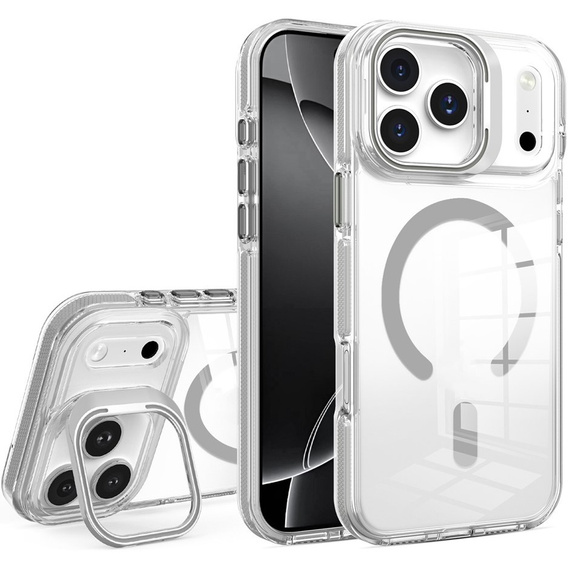 Husă pentru iPhone 17 Pro, pentru MagSafe, cu suport, transparentă cu inserții gri