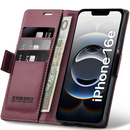Husă pentru Iphone 16E, ERBORD Glossy Litchi, portofel cu clapetă, roșu