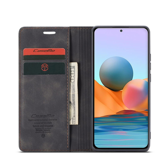 Husa CASEME pentru Xiaomi Redmi Note 10 Pro, Leather Wallet Case, negru