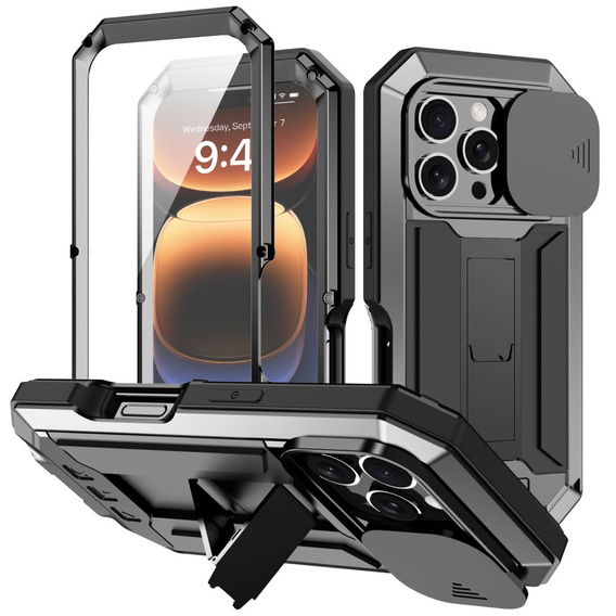 Husă pentru iPhone 16 Pro Max, R-JUST CamShield Slide, armată, negru