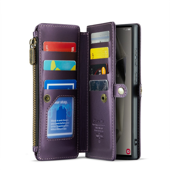Husă CASEME pentru Samsung Galaxy S25 Ultra, RFID Leather Wallet, cu curea de umăr, violet