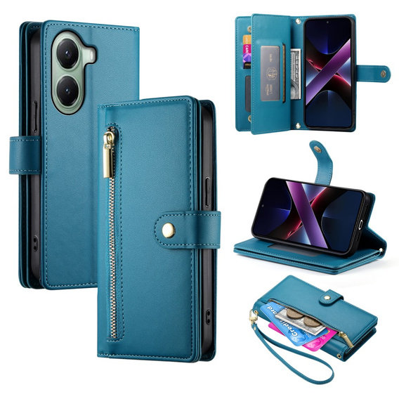 Cu clapetă pentru Xiaomi Poco X7 Pro 5G, Wallet Zipper Pocket, albastru
