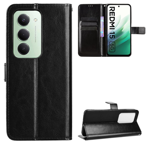 Cazul Flap pentru Xiaomi Redmi 15 5G / 4G, texturat Crazy Horse, negru