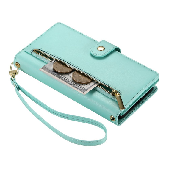 Cu clapetă pentru iPhone 16, Wallet Zipper Pocket, verde