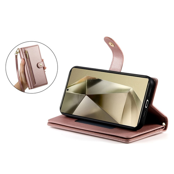 Cu clapetă pentru Samsung Galaxy S25 Ultra, Wallet Zipper Pocket, roz