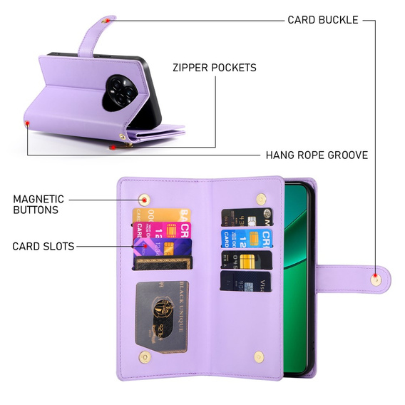 Cu clapetă pentru Realme 14 Pro 5G, Wallet Zipper Pocket, violet