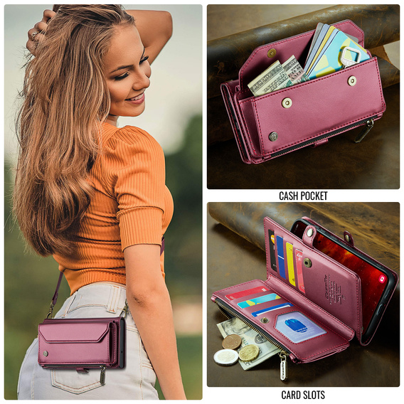 Husă CASEME pentru Samsung Galaxy S25 FE, RFID Leather Wallet, cu curea de umăr, roșu