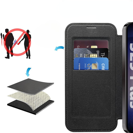 Cu clapetă pentru Samsung Galaxy S25, RFID Rhombus Wallet MagSafe CamShield, negru