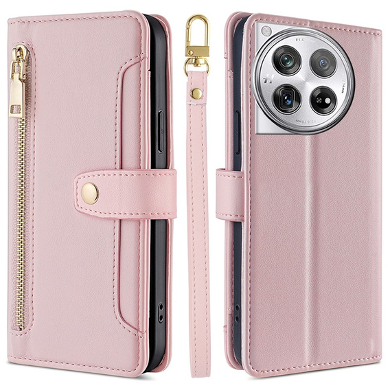 Cu clapetă pentru OnePlus 12 5G, Wallet Zipper Pocket, roz