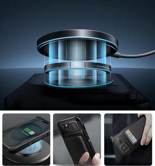 Husă blindată pentru iPhone 15, Dexnor CamProtect MagSafe, negru (Două rame)