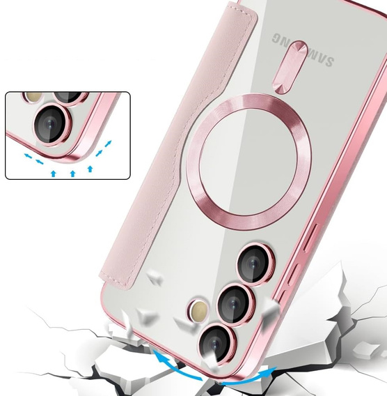 Cu clapetă pentru Samsung Galaxy S25 FE, RFID Wallet MagSafe CamShield, roz