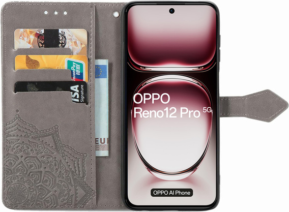 Cu clapetă pentru Oppo Reno 12 Pro, Mandala, gri