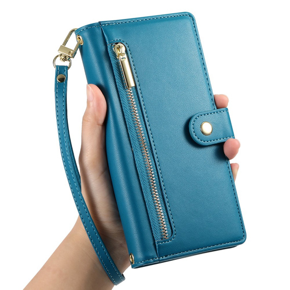 Cu clapetă pentru iPhone 16, Wallet Zipper Pocket, albastru