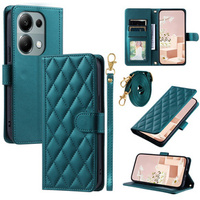 Husă cu clapetă pentru Xiaomi Redmi Note 13 Pro 4G, Rhombus Crossbody Leather, verde închis