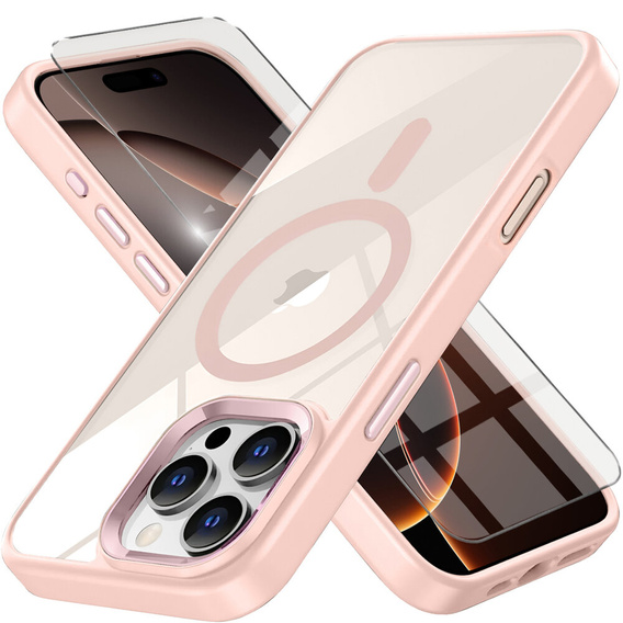 Husă pentru iPhone 16 Pro Max, pentru MagSafe, ERBORD Matt Case, transparent / roz + sticlă pentru ecran