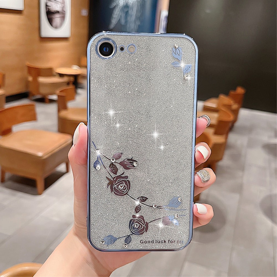 Husă pentru iPhone SE 2022 / SE 2020 / 8 / 7, Glitter Flower, albastru