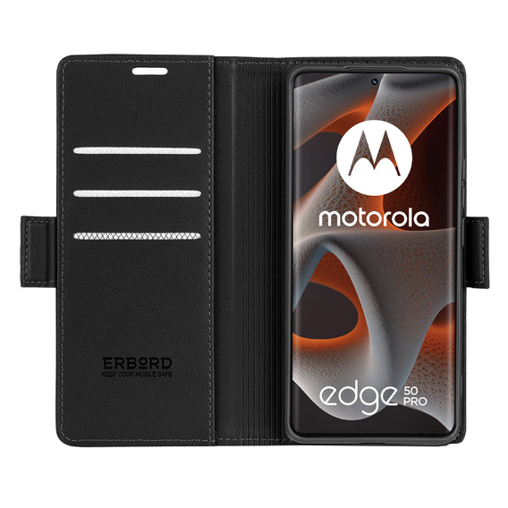 Husă pentru Motorola Edge 50 Pro, ERBORD Glossy Litchi, portofel cu clapetă, negru