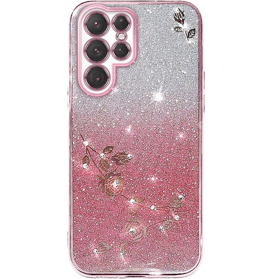 Husă pentru Samsung Galaxy S23 Ultra, Glitter Flower, roz rose gold