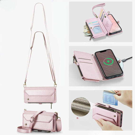 Husă CASEME pentru iPhone16E, RFID Leather Wallet, cu curea de umăr, roz