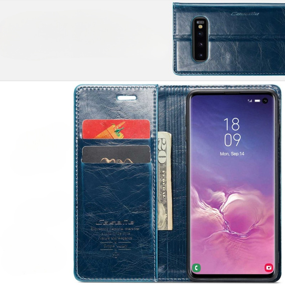 Carcasă flip CASEME pentru Samsung Galaxy S10+ Plus, Waxy Textured, albastru
