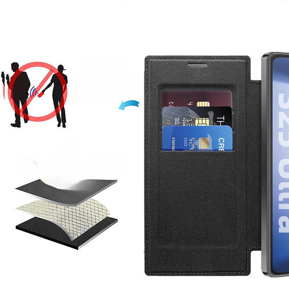 Cu clapetă pentru Samsung Galaxy S25 Ultra, RFID Rhombus Wallet MagSafe CamShield, negru