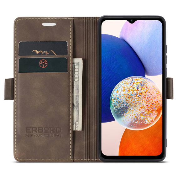 Husă pentru Samsung Galaxy A14 4G/5G, ERBORD Vintage, portofel cu clapetă, cafea