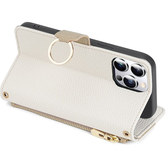 Carcasă flip pentru iPhone 15 Pro Max, Wallet Zipper Pocket, cu oglindă, alb