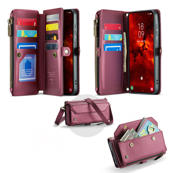 Husă CASEME pentru Samsung Galaxy S25 FE, RFID Leather Wallet, cu curea de umăr, roșu