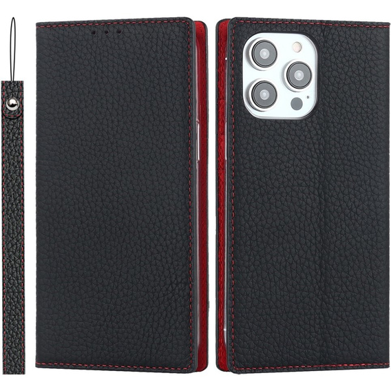 Cu clapetă pentru iPhone 15 Pro, Litchi Skin Grain, negru