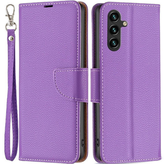 Cu clapetă pentru Samsung Galaxy A15, Wallet Litchi Leather, violet + sticlă 9H 
