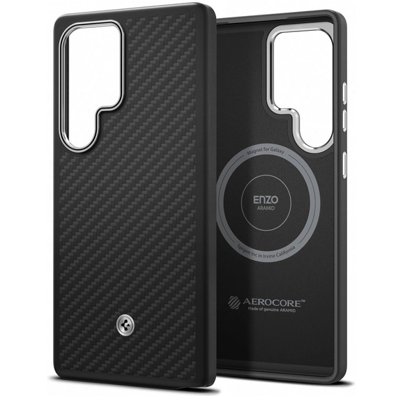 Carcasa Spigen pentru Samsung Galaxy S25 Ultra, Enzo Aramid MagSafe, carbon negru + 9H Tempered Glass