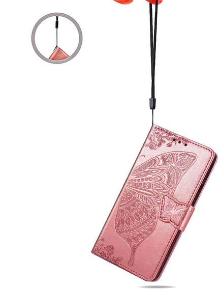 Cu clapetă pentru Motorola Moto E14, Butterfly, roz rose gold