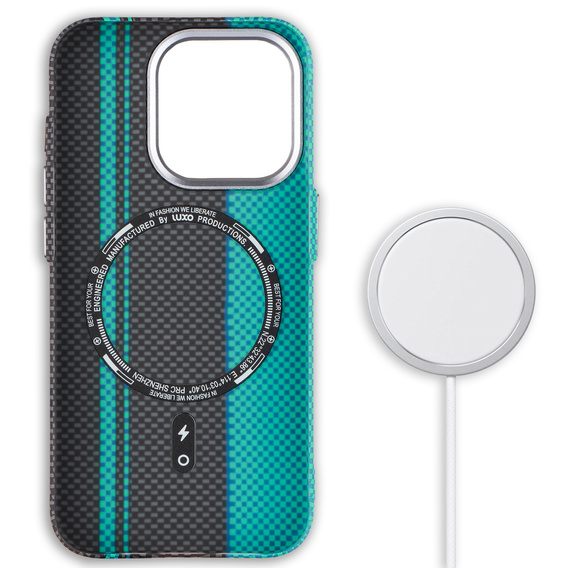 Carcasa pentru iPhone 15 Pro Max, Carbon Fiber MagSafe, negru / albastru