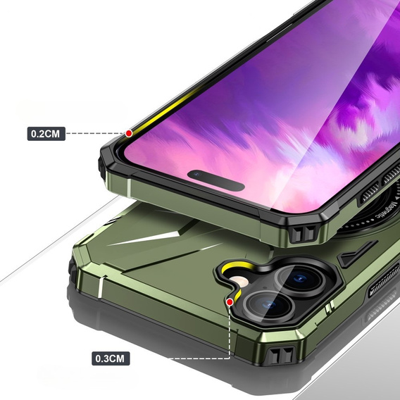 Carcasă pentru iPhone 16, blindată cu suport și placă pentru mâner, verde
