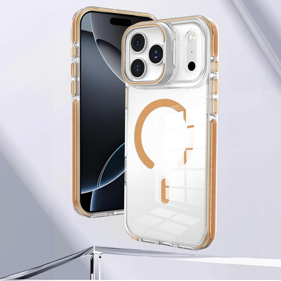 Husă pentru iPhone 17 Pro Max, pentru MagSafe, cu suport, transparentă cu inserții aurii