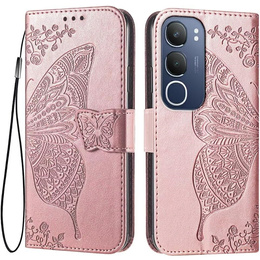 Cu clapetă pentru Vivo Y19s, Butterfly, roz rose gold