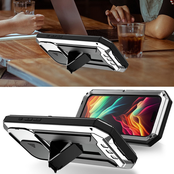 Husă pentru iPhone 15 Pro Max, R-JUST CamShield Slide, armată, de argint / negru