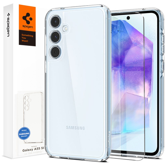 Carcasa Spigen pentru Samsung Galaxy A55 5G, Ultra Hybrid, transparentă + sticlă temperată 9H