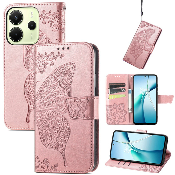 Cu clapetă pentru Xiaomi Redmi Note 14 4G, Butterfly, roz rose gold