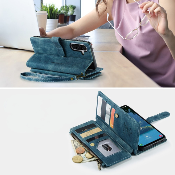 Husa CASEME pentru Samsung Galaxy A56 5G, Leather Wallet Cash and Card Slots, cu curea, albastru