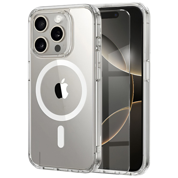 Husă magnetică MagSafe pentru iPhone 16 Pro Max, ERBORD CrystalMag, transparentă + sticlă pentru ecran