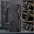 Husă CASEME pentru Samsung Galaxy S25 Ultra, Retro Leather Wallet, cu curea de umăr, negru
