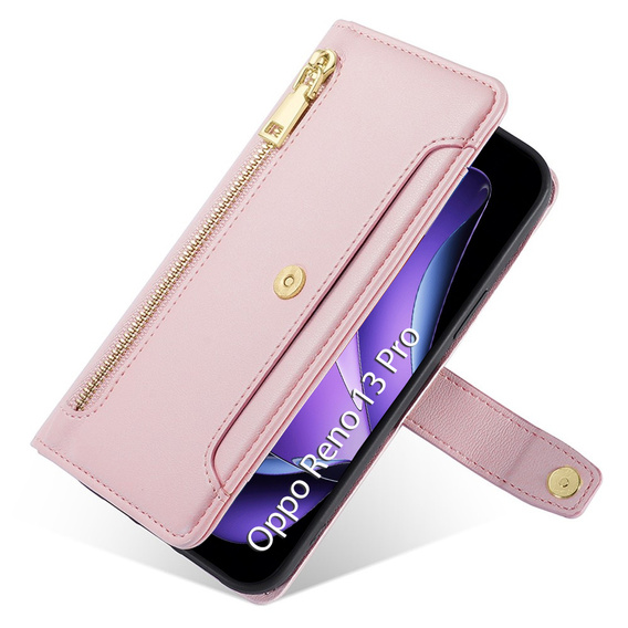 Cu clapetă pentru Oppo Reno 13 Pro, Wallet Zipper Pocket, roz