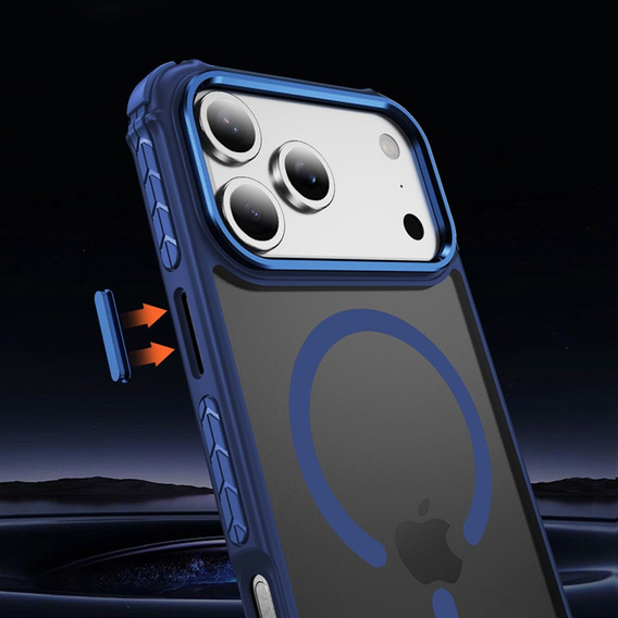 Carcasă Matt pentru iPhone 17 Pro Max, blindată, pentru MagSafe, fumurie cu margini albastre