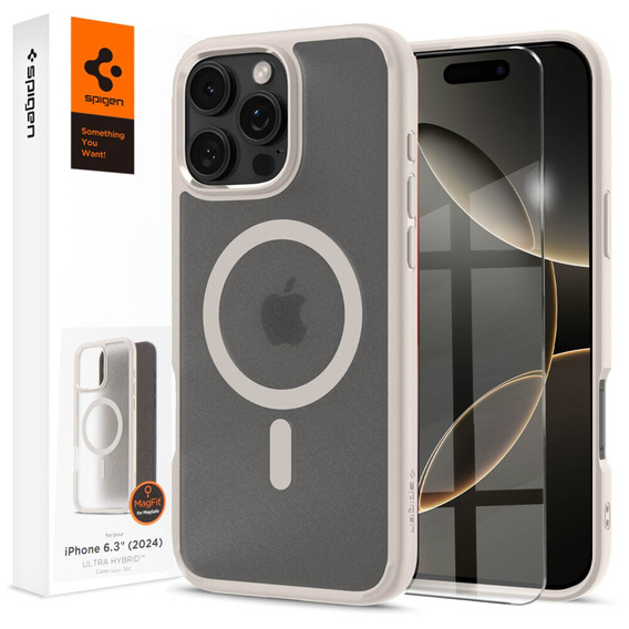 Carcasă MagSafe Spigen pentru iPhone 16 Pro, Ultra Hybrid, transparent / titan + 9H Tempered Glass