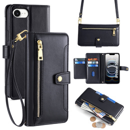 Cu clapetă pentru iPhone 16E, Wallet Zipper Pocket, negru