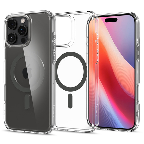 Carcasă MagSafe Spigen pentru iPhone 16 Pro Max, Ultra Hybrid, transparent / gri + 9H Tempered Glass