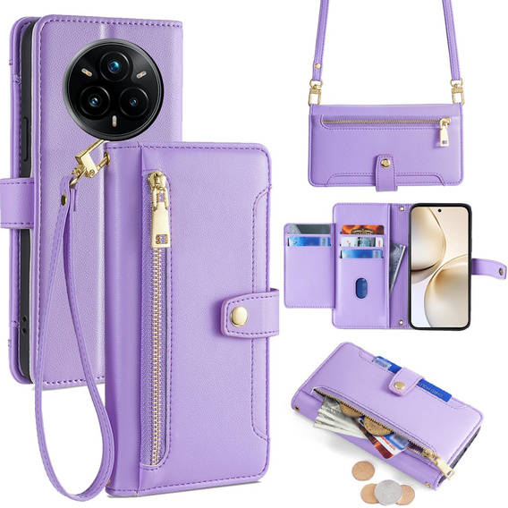 Cu clapetă pentru Realme 14 Pro 5G, Wallet Zipper Pocket, violet