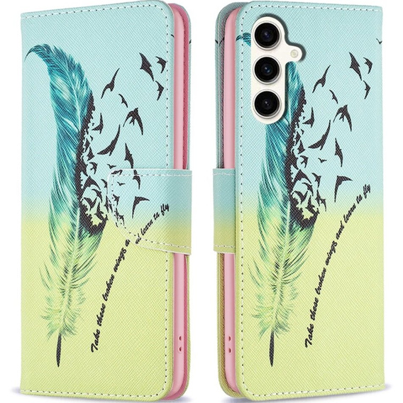 Cu clapetă pentru Samsung Galaxy S23 FE, Wallet, Feather albastru / galben