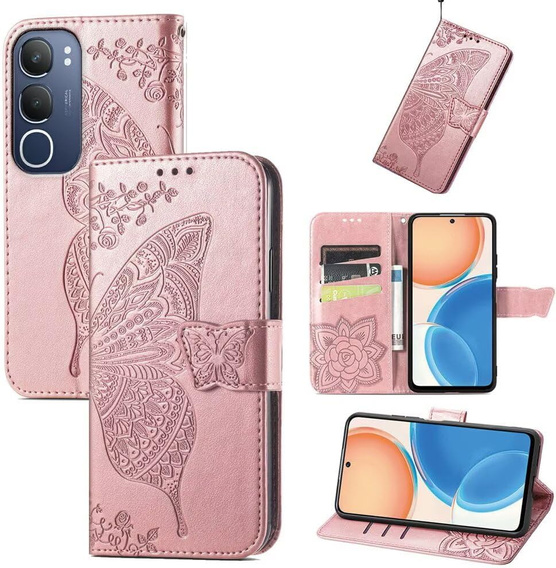 Cu clapetă pentru Vivo Y19s, Butterfly, roz rose gold